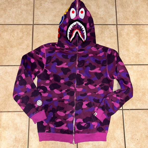 BAPE A BATHING APE PURPLE COLOR CAMO SHARK FULL ZIP HOODIE Men’s Medium - Picture 3 of 14